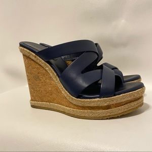 Jimmy Choo Women’s Sz 40/9 Prisma Vachetta Wedge Espadrille Sandal Navy